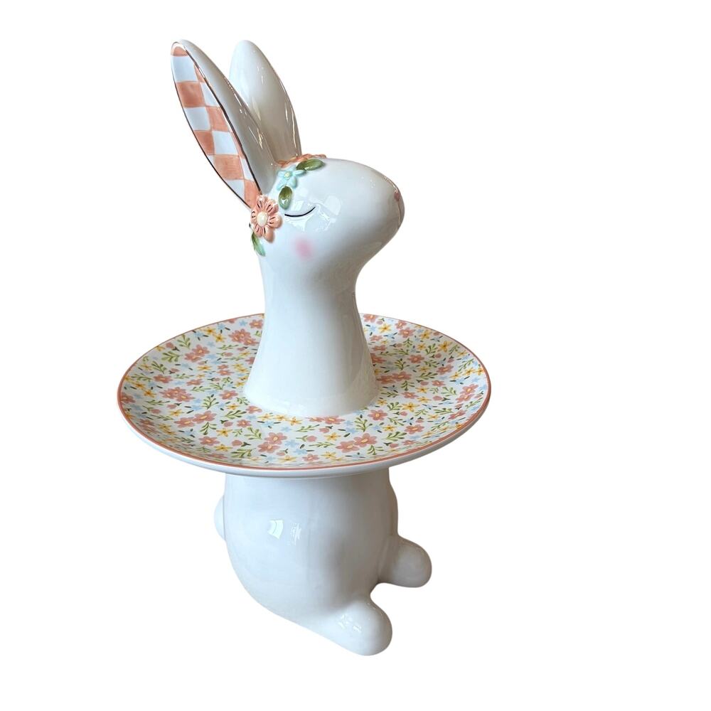 New MacKenzie-Childs Posie Patch Rabbit Sweet Serving Stand Ceramic Floral NIB